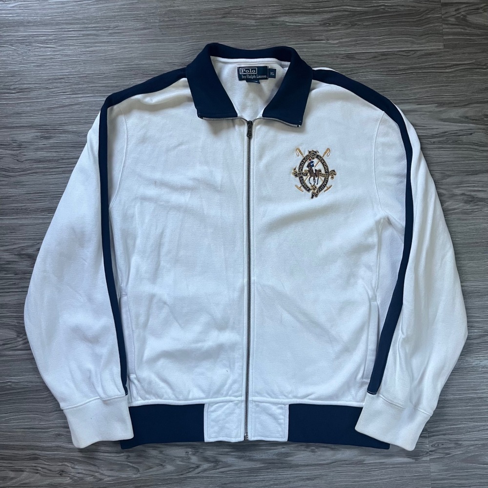 Polo Ralph Lauren Mens XL White Navy Crest Full Zip Track Jacket Pique Cotton